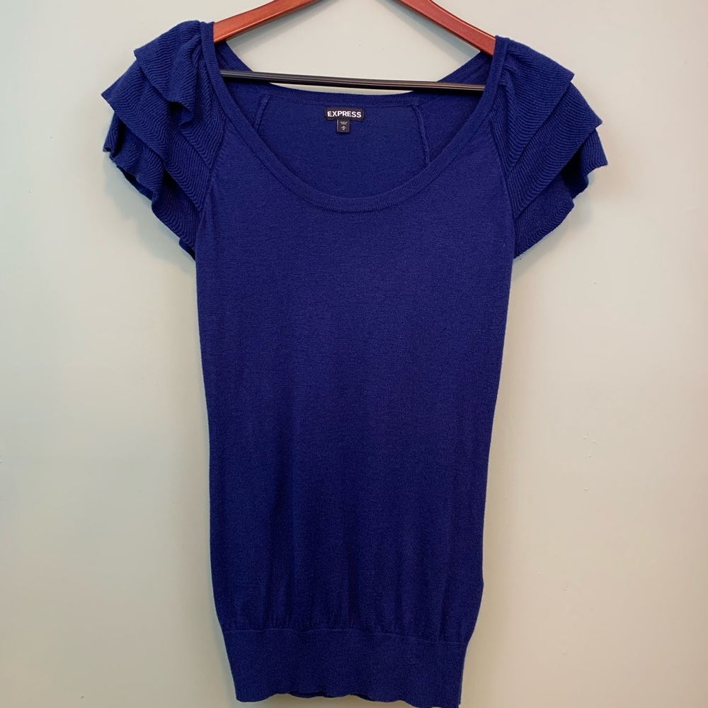 Express Soft Ruffle Sleeve Blue Pullover Sweater - Picture 2 of 4